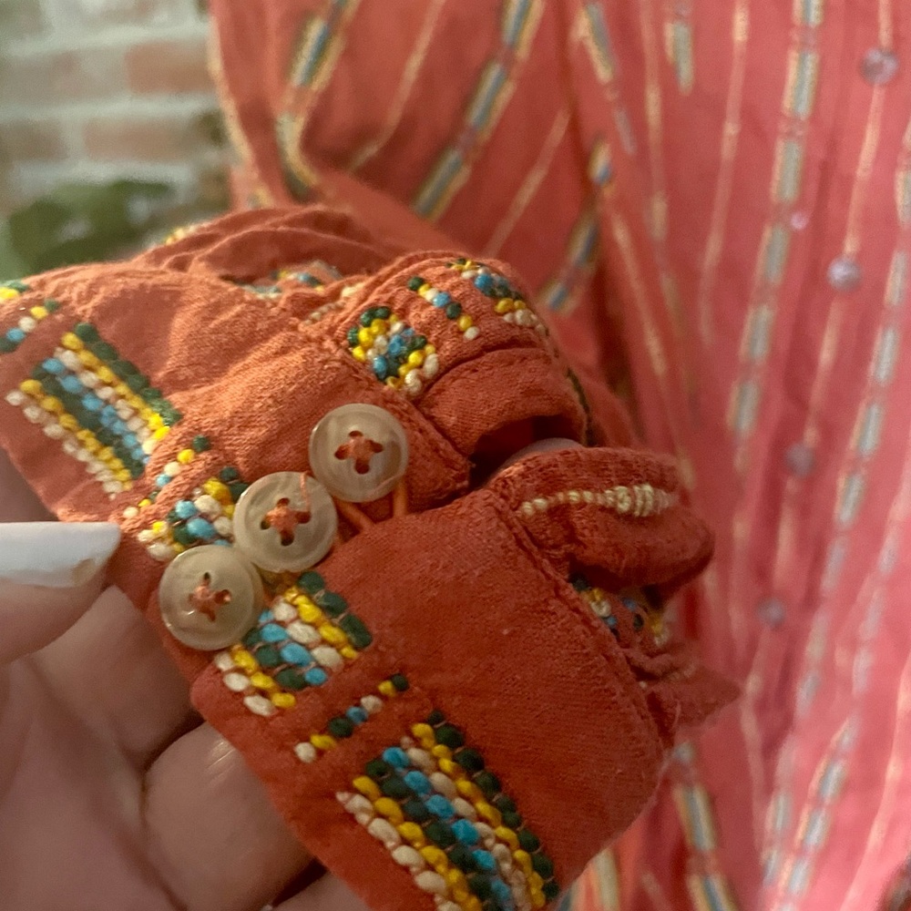 Anthropologie | Pilcro Bella Femme Orange Striped Embroidered Button Down Shirt - Picture 7 of 14